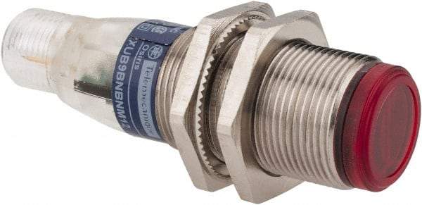 Telemecanique Sensors - 4 Pin M12 Connector, 2m Nominal Distance, Shock and Vibration Resistant, Polarized Retroreflective Photoelectric Sensor - 12 to 24 VDC, 500 Hz, Nickel Plated Brass, 2.44 Inch Long x 0.71 Inch Wide - Eagle Tool & Supply