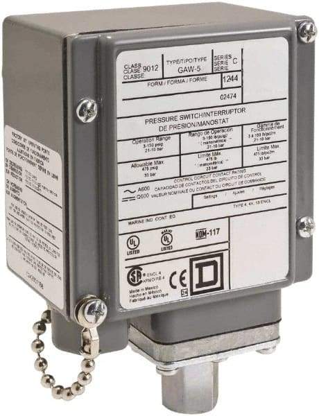 Square D - 4, 13 and 4X NEMA Rated, SPDT, 1.5 to 75 psi, Electromechanical Pressure and Level Switch - Adjustable Pressure, 120 VAC at 6 Amp, 240 VAC at 3 Amp, 250 VDC at 0.27 Amp, 1/4 Inch Connector, Screw Terminal, For Use with 9012G - Eagle Tool & Supply