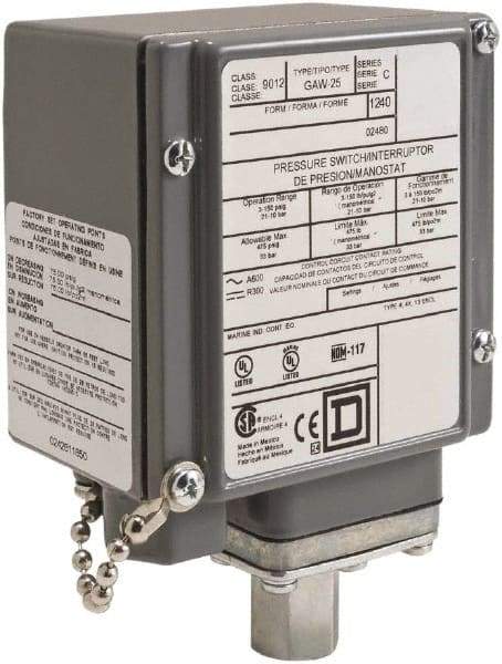 Square D - 4, 13 and 4X NEMA Rated, DPDT, 13 to 425 psi, Electromechanical Pressure and Level Switch - Fixed Pressure, 120 VAC at 6 Amp, 125 VDC at 0.22 Amp, 240 VAC at 3 Amp, 250 VDC at 0.11 Amp, 1/4 Inch Connector, Screw Terminal, For Use with 9012G - Eagle Tool & Supply