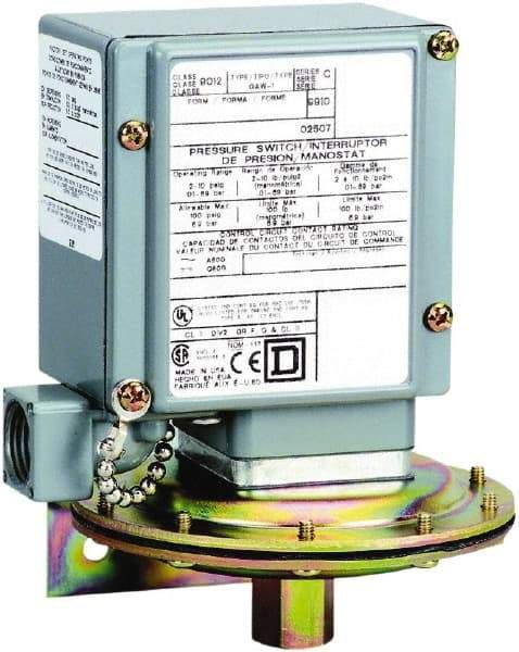 Square D - 4, 13 and 4X NEMA Rated, SPDT, 0.2 to 10 psi, Electromechanical Pressure and Level Switch - Fixed Pressure, 120 VAC at 6 Amp, 125 VDC at 0.22 Amp, 240 VAC at 3 Amp, 250 VDC at 0.27 Amp, 1/4 Inch Connector, Screw Terminal, For Use with 9012G - Eagle Tool & Supply