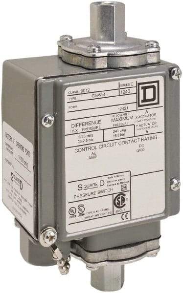 Square D - 4, 13 and 4X NEMA Rated, SPDT, 175 psi, Electromechanical Pressure and Level Switch - Adjustable Pressure, 120 VAC at 6 Amp, 125 VDC at 0.22 Amp, 240 VAC at 3 Amp, 250 VDC at 0.27 Amp, 1/4 Inch Connector, Screw Terminal, For Use with 9012G - Eagle Tool & Supply