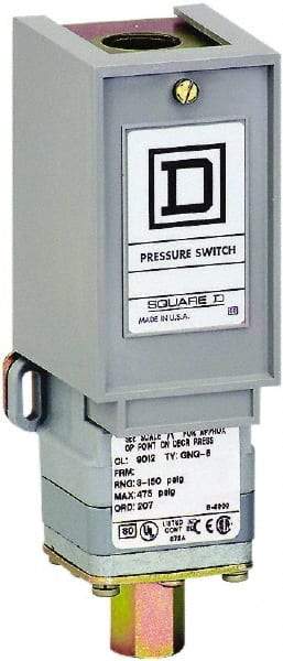 Square D - 1 NEMA Rated, SPDT, 3 to 150 psi, Electromechanical Pressure and Level Switch - Adjustable Pressure, 120 VAC at 6 Amp, 125 VDC at 0.22 Amp, 240 VAC at 3 Amp, 250 VDC at 0.27 Amp, 1/2 Inch Connector, Screw Terminal, For Use with 9012G - Eagle Tool & Supply