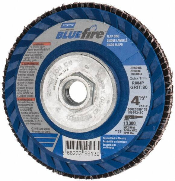 Norton - 80 Grit, 4-1/2" Disc Diam, 5/8-11 Center Hole, Type 27 Zirconia Alumina Flap Disc - 13,300 Max RPM, Fiberglass Backing, Arbor Attaching System, Coated - Eagle Tool & Supply