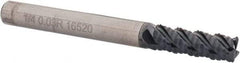 OSG - 1/4" Diam, Coarse Pitch, 3/4" LOC, 4 Flute Solid Carbide 0.03" Corner Radius Roughing End Mill - TiAlN Finish, 2-1/2" OAL, 1/4" Shank Diam, Single End, Centercutting, 40° Helix - Eagle Tool & Supply