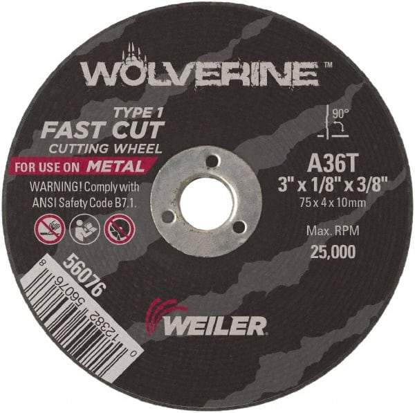 Weiler - 3" 36 Grit Aluminum Oxide Cutoff Wheel - 1/8" Thick, 3/8" Arbor, 25,000 Max RPM, Use with Die Grinders - Eagle Tool & Supply