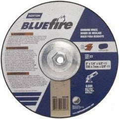 Norton - 24 Grit, 9" Wheel Diam, 1/4" Wheel Thickness, Type 27 Depressed Center Wheel - Zirconia Alumina, S Hardness, 6,000 Max RPM, Compatible with Angle Grinder - Eagle Tool & Supply