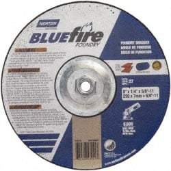 Norton - 20 Grit, 9" Wheel Diam, 1/4" Wheel Thickness, Type 27 Depressed Center Wheel - Zirconia Alumina, T Hardness, 6,000 Max RPM, Compatible with Angle Grinder - Eagle Tool & Supply