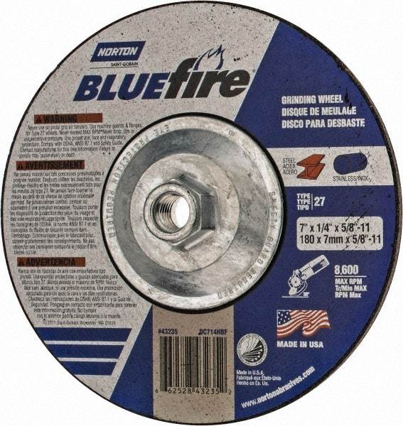 Norton - 24 Grit, 7" Wheel Diam, 1/4" Wheel Thickness, Type 27 Depressed Center Wheel - Zirconia Alumina, S Hardness, 8,600 Max RPM, Compatible with Angle Grinder - Eagle Tool & Supply