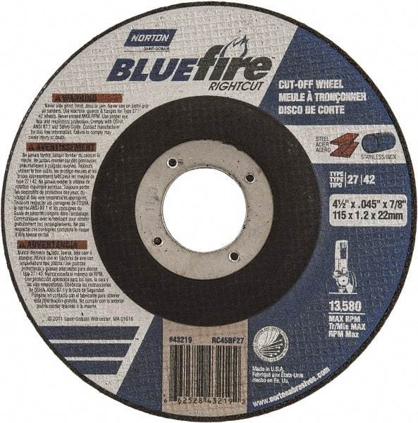Norton - 24 Grit, 4-1/2" Wheel Diam, 1/16" Wheel Thickness, 7/8" Arbor Hole, Type 27 Depressed Center Wheel - Zirconia Alumina, R Hardness, 13,580 Max RPM, Compatible with Angle Grinder - Eagle Tool & Supply