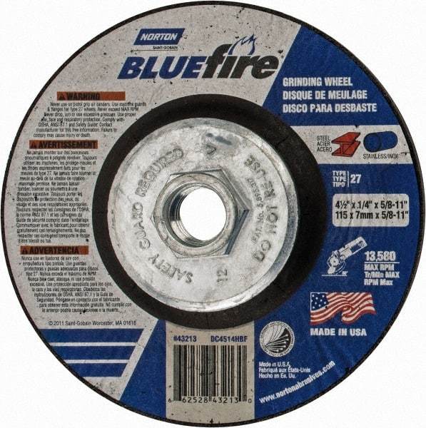 Norton - 24 Grit, 4-1/2" Wheel Diam, 1/4" Wheel Thickness, Type 27 Depressed Center Wheel - Zirconia Alumina, S Hardness, 13,580 Max RPM, Compatible with Angle Grinder - Eagle Tool & Supply