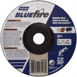 Norton - 24 Grit, 6" Wheel Diam, 1/4" Wheel Thickness, 7/8" Arbor Hole, Type 27 Depressed Center Wheel - Zirconia Alumina, S Hardness, 10,185 Max RPM, Compatible with Angle Grinder - Eagle Tool & Supply