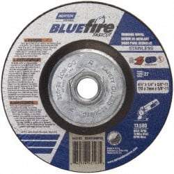 Norton - 24 Grit, 4-1/2" Wheel Diam, 1/4" Wheel Thickness, Type 27 Depressed Center Wheel - Zirconia Alumina, S Hardness, 13,580 Max RPM, Compatible with Angle Grinder - Eagle Tool & Supply