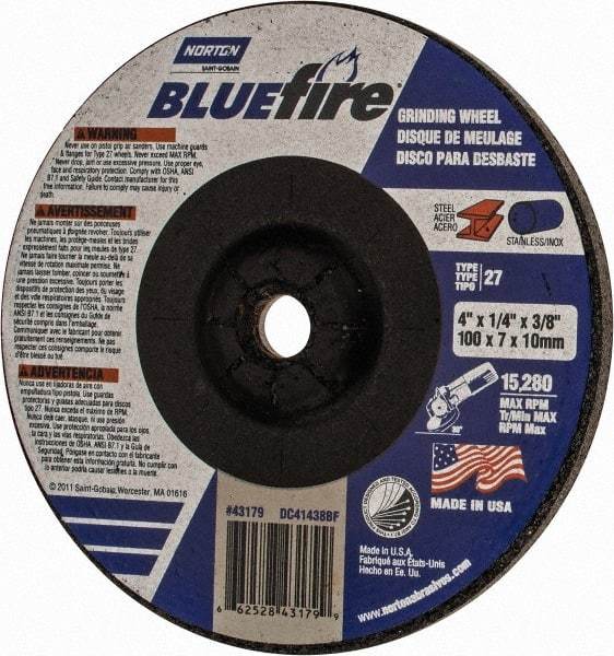 Norton - 24 Grit, 4" Wheel Diam, 1/4" Wheel Thickness, 3/8" Arbor Hole, Type 27 Depressed Center Wheel - Zirconia Alumina, S Hardness, 15,280 Max RPM, Compatible with Angle Grinder - Eagle Tool & Supply