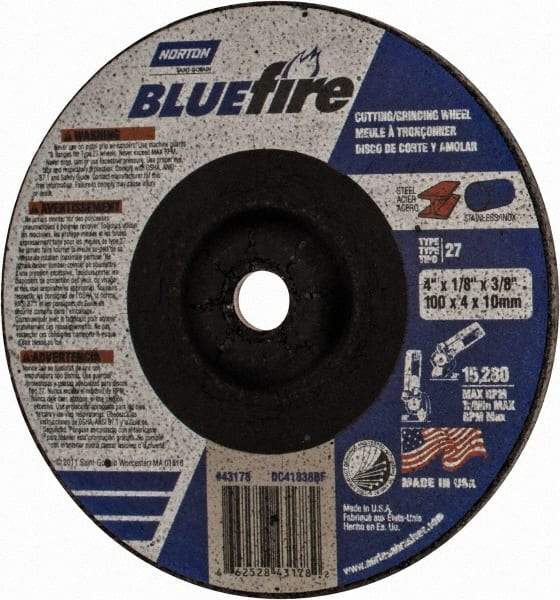 Norton - 30 Grit, 4" Wheel Diam, 1/8" Wheel Thickness, 3/8" Arbor Hole, Type 27 Depressed Center Wheel - Zirconia Alumina, U Hardness, 15,280 Max RPM, Compatible with Angle Grinder - Eagle Tool & Supply