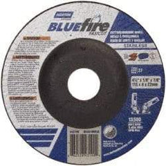 Norton - 30 Grit, 4-1/2" Wheel Diam, 1/8" Wheel Thickness, 7/8" Arbor Hole, Type 27 Depressed Center Wheel - Zirconia Alumina, T Hardness, 13,580 Max RPM, Compatible with Angle Grinder - Eagle Tool & Supply