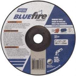 Norton - 24 Grit, 7" Wheel Diam, 1/4" Wheel Thickness, 7/8" Arbor Hole, Type 27 Depressed Center Wheel - Zirconia Alumina, S Hardness, 8,600 Max RPM, Compatible with Angle Grinder - Eagle Tool & Supply