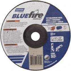 Norton - 30 Grit, 7" Wheel Diam, 1/8" Wheel Thickness, 7/8" Arbor Hole, Type 27 Depressed Center Wheel - Zirconia Alumina, T Hardness, 8,600 Max RPM, Compatible with Angle Grinder - Eagle Tool & Supply