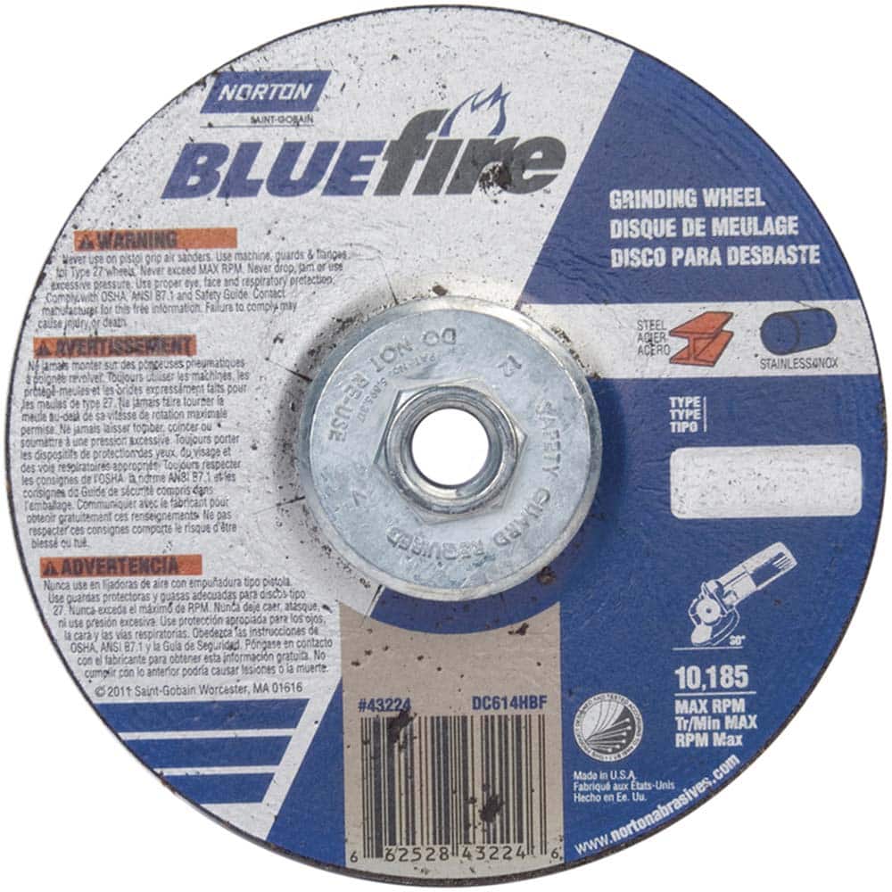 Norton - 24 Grit, 6" Wheel Diam, 1/4" Wheel Thickness, Type 27 Depressed Center Wheel - Eagle Tool & Supply