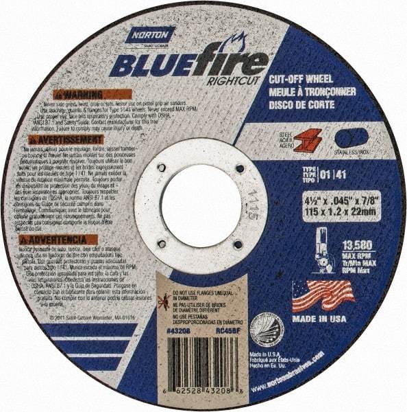 Norton - 4-1/2" 36 Grit Zirconia Alumina Cutoff Wheel - 1/16" Thick, 7/8" Arbor, 13,580 Max RPM, Use with Angle Grinders - Eagle Tool & Supply