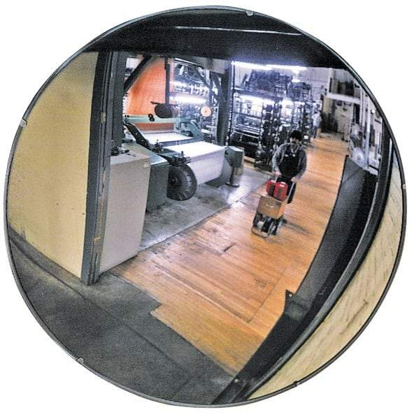 PRO-SAFE - Outdoor Round Convex Safety, Traffic & Inspection Mirrors - Glass Lens, Laminated Hardboard Backing, 36" Diam x 2-3/8" High, 32' Max Covered Distance - Eagle Tool & Supply