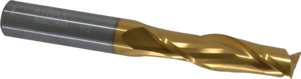Atrax - 1/2", 2" LOC, 1/2" Shank Diam, 4" OAL, 2 Flute, Solid Carbide Square End Mill - Single End, TiN Finish, Spiral Flute, 30° Helix, Centercutting, Right Hand Cut - Eagle Tool & Supply