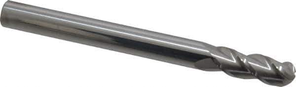 Accupro - 3/8" Diam, 1" LOC, 3 Flute Solid Carbide Ball End Mill - Uncoated, Single End, 4" OAL, 3/8" Shank Diam, Spiral Flute - Eagle Tool & Supply