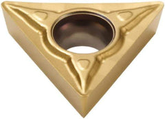 Seco - TPMT21.51 F1 Grade CP500 Carbide Turning Insert - TiAlN/TiN Finish, 60° Triangle, 1/4" Inscr Circle, 3/32" Thick, 1/64" Corner Radius - Eagle Tool & Supply