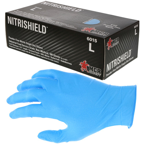 NitriShield Gloves - 4 mil Blue Nitrile Industrial/Food Service Grade - Textured Grip - Powder Free - Box of 100 - Size Large - Eagle Tool & Supply