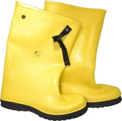 Dunlop Protective Footwear - Men's 14 (Women's 16) Rain & Cold Resistant Overboots - 17" High, Plain Toe, Self Cleaning & Cleated Sole, PVC Upper, Yellow, Adjustable Polyester Strap, Buckles & Snaps - Eagle Tool & Supply