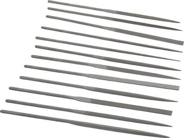 Grobet - 12 Piece Swiss Pattern File Set - 5-1/2" Long, 0 Coarseness, Set Includes Barrette, Crossing, Equalling, Half Round, Knife, Marking, Round, Round Edge Joint, Slitting, Square, Three Square, Warding - Eagle Tool & Supply