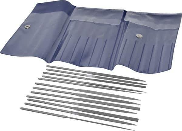 Grobet - 12 Piece Swiss Pattern File Set - 5-1/2" Long, 2 Coarseness, Set Includes Barrette, Crossing, Equalling, Half Round, Knife, Marking, Round, Round Edge Joint, Slitting, Square, Three Square, Warding - Eagle Tool & Supply