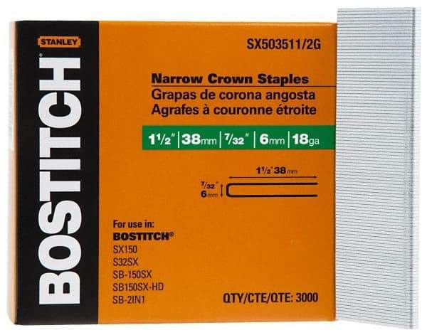 Stanley Bostitch - 1-1/2" Long x 7/32" Wide, 18 Gauge Crowned Construction Staple - Steel, Galvanized Finish - Eagle Tool & Supply