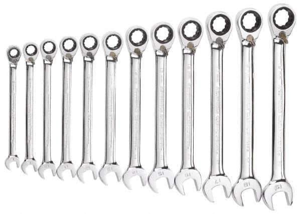 GearWrench - 12 Piece, 8mm to 19mm, Ratcheting Combination Wrench Set - Metric Measurement Standard, Chrome Finish, Comes in Tray - Eagle Tool & Supply