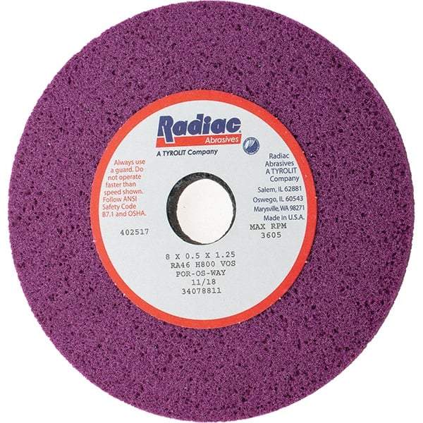Radiac Abrasives - 8" Diam x 1-1/4" Hole x 1/2" Thick, H Hardness, 46 Grit Surface Grinding Wheel - Aluminum Oxide, Type 1, Coarse Grade, 3,600 Max RPM, Vitrified Bond, No Recess - Eagle Tool & Supply