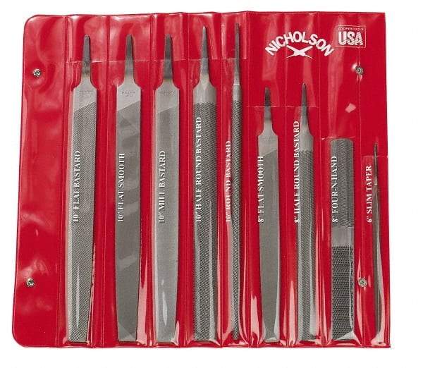 Nicholson - 9 Piece American Pattern File Set - 6", 8", 10" Long, Bastard/Smooth Coarseness, Set Includes Flat, Half Round, Mill, Round, Slim Taper - Eagle Tool & Supply