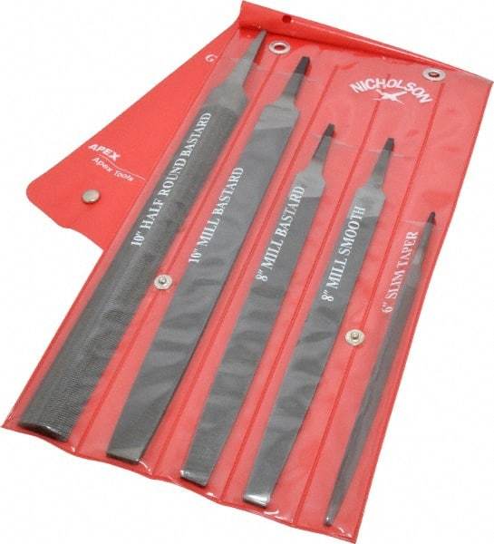 Nicholson - 5 Piece American Pattern File Set - 6", 8", 10" Long, Bastard/Smooth Coarseness, Set Includes Half Round, Mill, Slim Taper - Eagle Tool & Supply