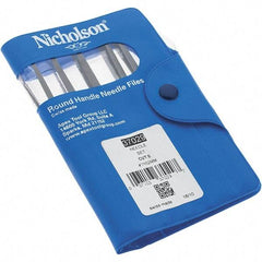 Nicholson - 12 Piece Swiss Pattern File Set - 4" Long, 0 Coarseness, Round Handle, Set Includes Barrette, Crossing, Equalling, Flat, Half Round, Knife, Round, Slitting, Square, Three Square - Eagle Tool & Supply