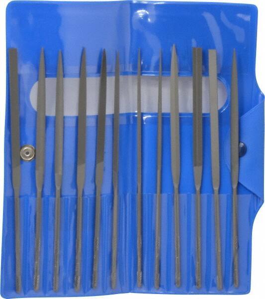 Nicholson - 12 Piece Swiss Pattern File Set - 5-1/2" Long, 2 Coarseness, Round Handle, Set Includes Barrette, Crossing, Equalling, Flat, Half Round, Knife, Round, Slitting, Square, Three Square - Eagle Tool & Supply