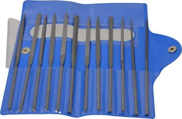 Nicholson - 12 Piece Swiss Pattern File Set - 5-1/2" Long, 4 Coarseness, Round Handle, Set Includes Barrette, Crossing, Equalling, Flat, Half Round, Knife, Round, Slitting, Square, Three Square - Eagle Tool & Supply