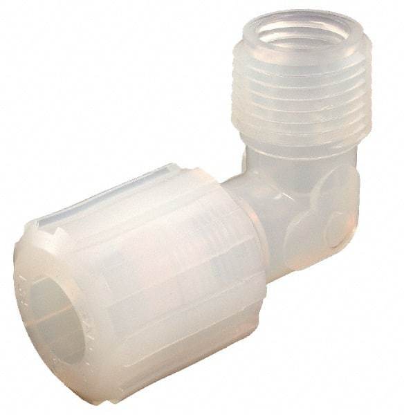 Parker - 1/4" Tube OD, PFA PTFE Plastic Compression Tube Male Adapter Elbow - 3/8 NPT Pipe, 325°F Max, Plastic Grip - Eagle Tool & Supply