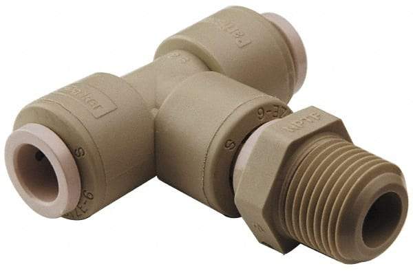 Parker - 1/4" Outside Diam, 1/8 NPTF, Polypropylene Push-to-Connect Tube Male Swivel Branch Tee - 150 Max psi, White - Eagle Tool & Supply