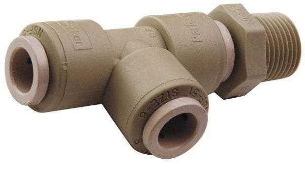 Parker - 5/16" Outside Diam, 1/4 NPTF, Acetal Push-to-Connect Tube Male Swivel Run Tee - 300 Max psi, Gray - Eagle Tool & Supply