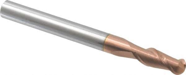 Accupro - 3/8" Diam, 1" LOC, 2 Flute Solid Carbide Ball End Mill - TiCN Finish, Single End, 4" OAL, 3/8" Shank Diam, Spiral Flute - Eagle Tool & Supply