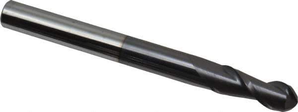 Accupro - 3/8" Diam, 1" LOC, 2 Flute Solid Carbide Ball End Mill - AlTiN Finish, Single End, 4" OAL, 3/8" Shank Diam, Spiral Flute - Eagle Tool & Supply