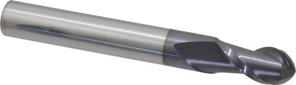 Accupro - 1/2" Diam, 1" LOC, 2 Flute Solid Carbide Ball End Mill - AlTiN Finish, Single End, 4" OAL, 1/2" Shank Diam, Spiral Flute - Eagle Tool & Supply