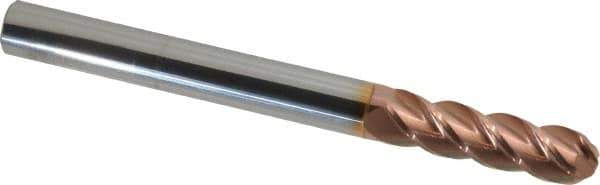 Accupro - 9/16" Diam, 2" LOC, 4 Flute Solid Carbide Ball End Mill - TiCN Finish, Single End, 6" OAL, 9/16" Shank Diam, Spiral Flute - Eagle Tool & Supply