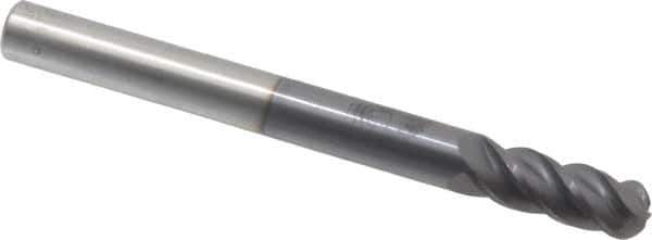 Accupro - 3/8" Diam, 1" LOC, 4 Flute Solid Carbide Ball End Mill - AlTiN Finish, Single End, 4" OAL, 3/8" Shank Diam, Spiral Flute - Eagle Tool & Supply