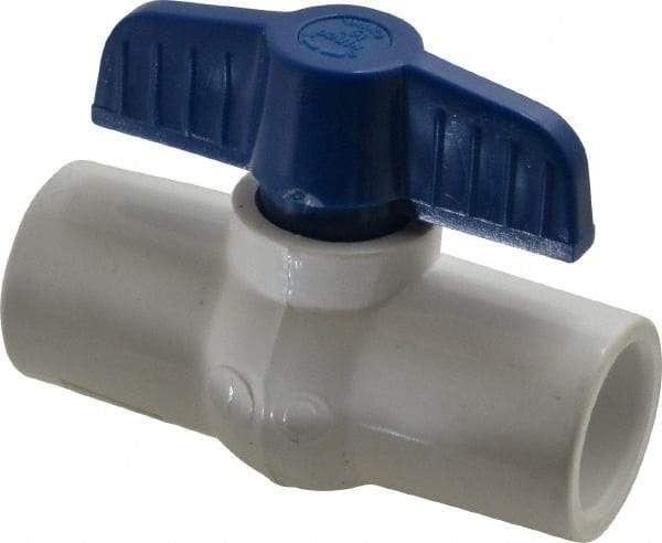 NIBCO - 1/2" Pipe, Standard Port, PVC Miniature Ball Valve - 1 Piece, Inline - One Way Flow, Solvent x Solvent Ends, Tee Handle, 150 WOG - Eagle Tool & Supply