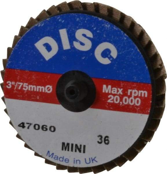 Garryson - 36 Grit, 3" Disc Diam, Type 27 Zirconia Alumina Flap Disc - 20,000 Max RPM, Nylon Backing, Quick Change Type R Attaching System, Coated - Eagle Tool & Supply
