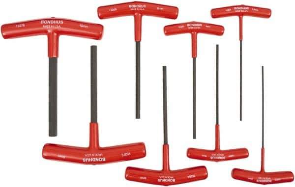 Bondhus - 8 Piece T-Handle Cushion Grip Hex Key Set - Hex Range 2 to 10mm, 6" OAL, Protanium High Torque Steel - Eagle Tool & Supply